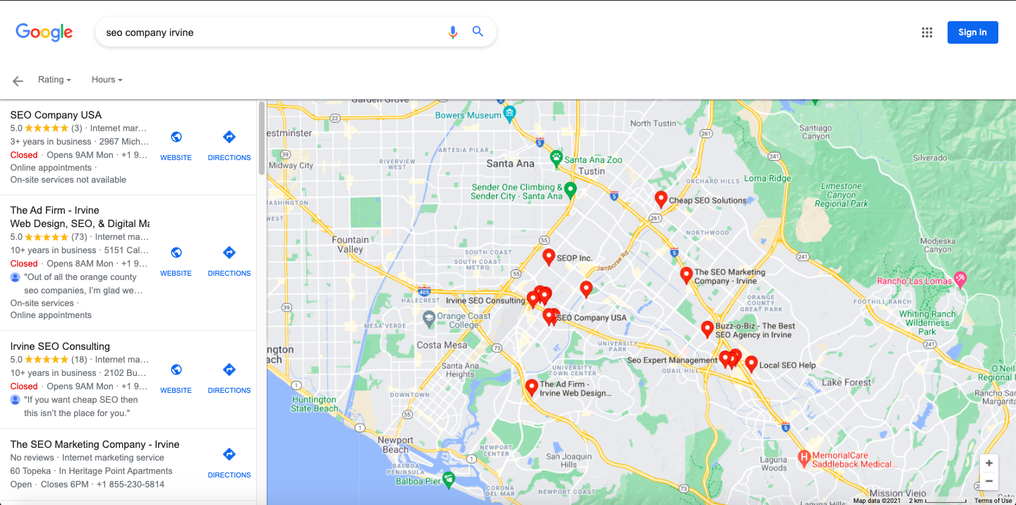Google Maps Search Result